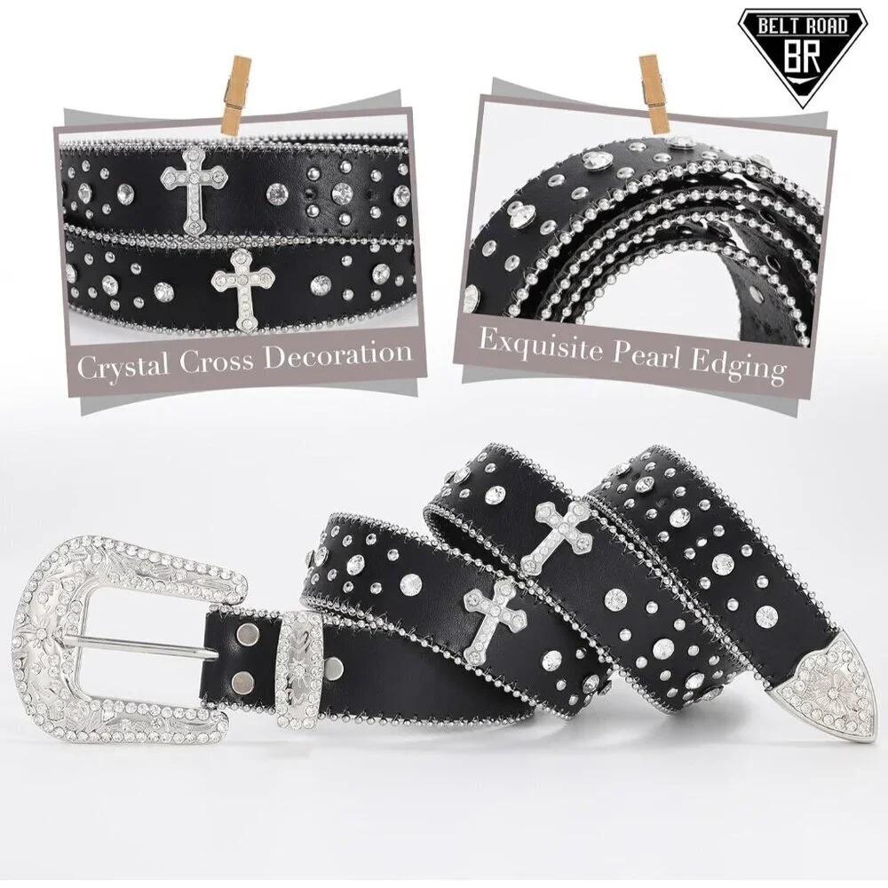 Women's Black Western Cowgirl Belts Bling Leather Belt With Cross and Diamond